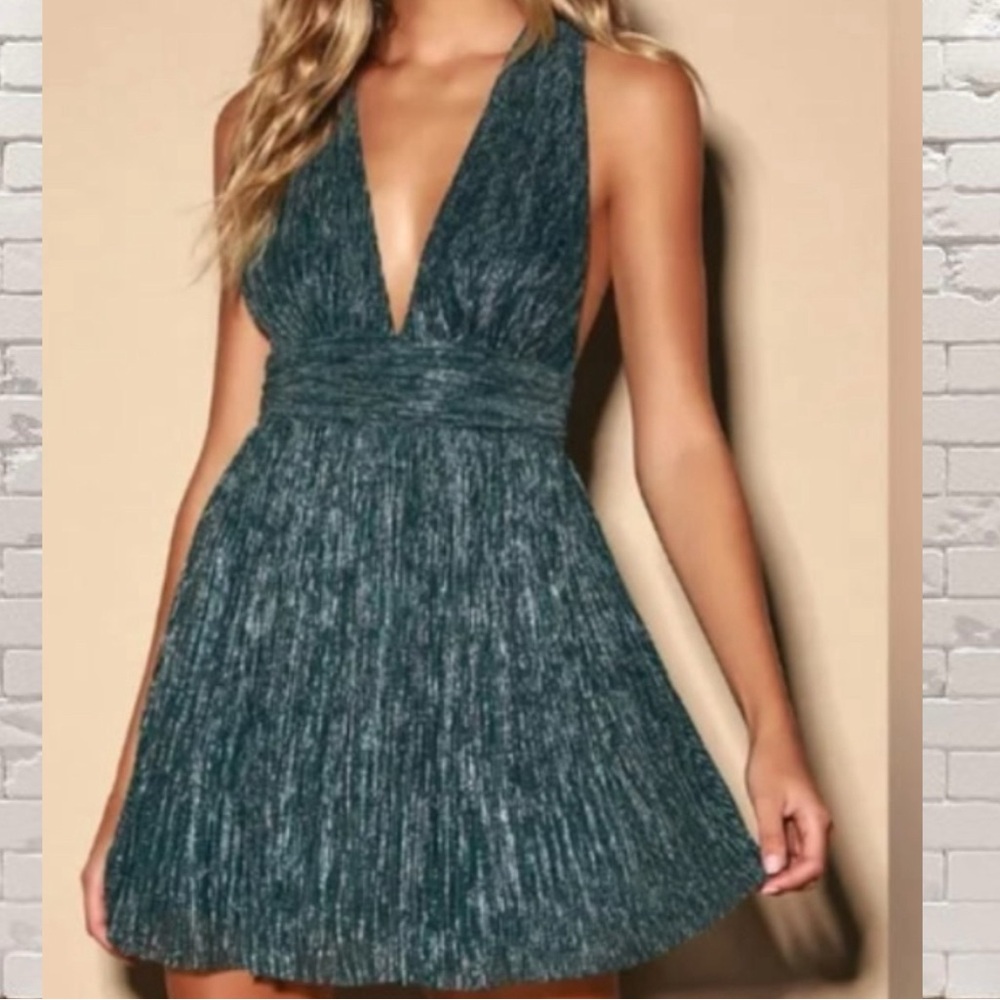 Lulus Ailey Gold & Teal Metallic Pleated Mini Skater Dress